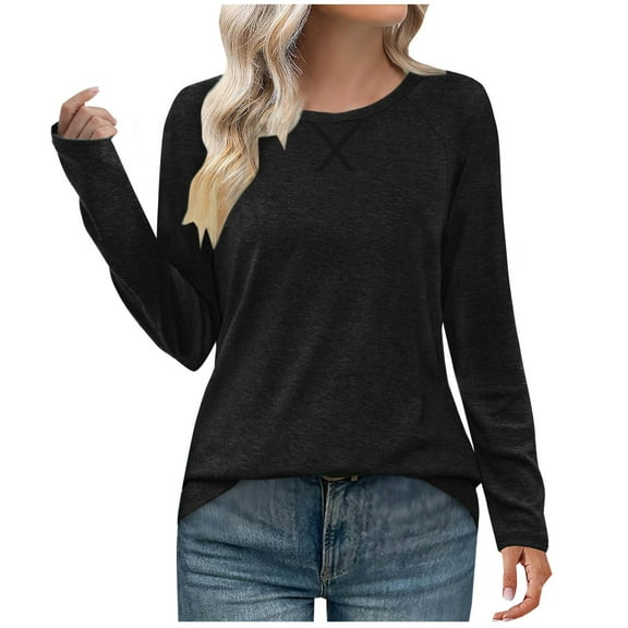 Fmbrln Womens Long Sleeve Shirts Fashion Casual Solid Color Tops Crew Neck Blouse Loose Comfy T-shirts Black 2XL