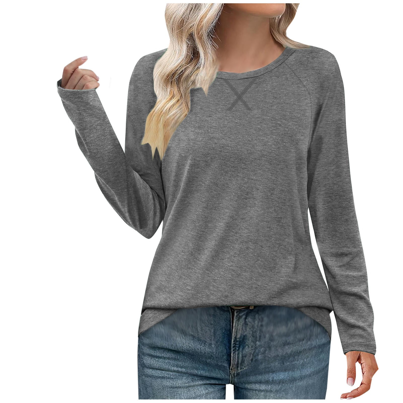 Fmbrln Womens Long Sleeve Shirts Fashion Casual Solid Color Tops Crew ...