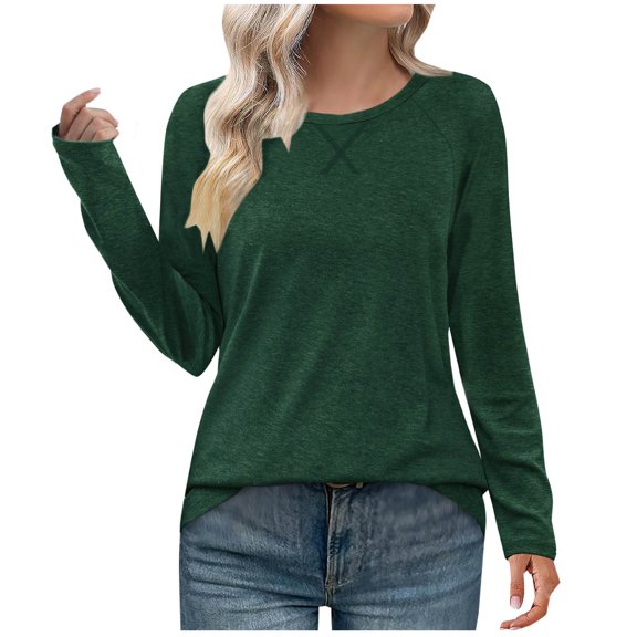 Fmbrln Womens Long Sleeve Shirts Fashion Casual Solid Color Tops Crew Neck Blouse Loose Comfy T-shirts Green S