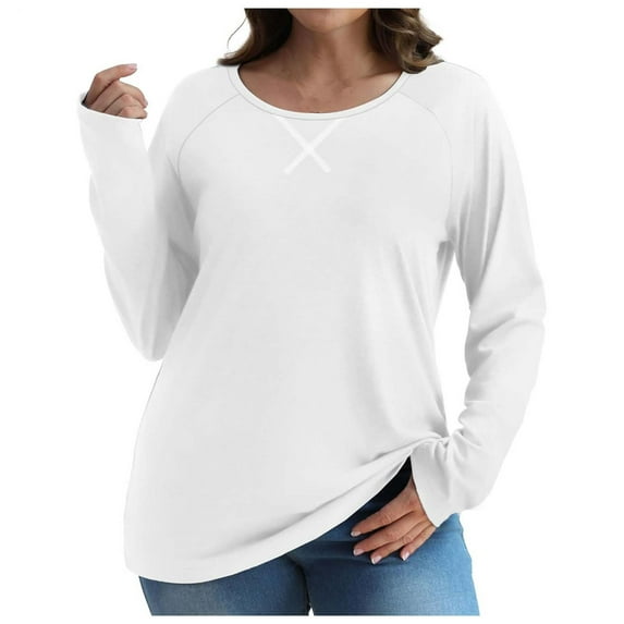 Fmbrln Womens Long Sleeve Shirts Fashion Casual Solid Color Tops Crew Neck Blouse Loose Comfy T-shirts White L
