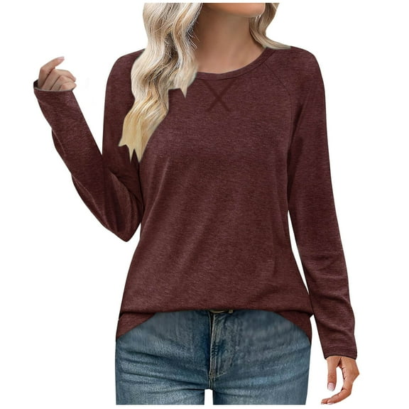 Fmbrln Womens Long Sleeve Shirts Fashion Casual Solid Color Tops Crew Neck Blouse Loose Comfy T-shirts Wine M