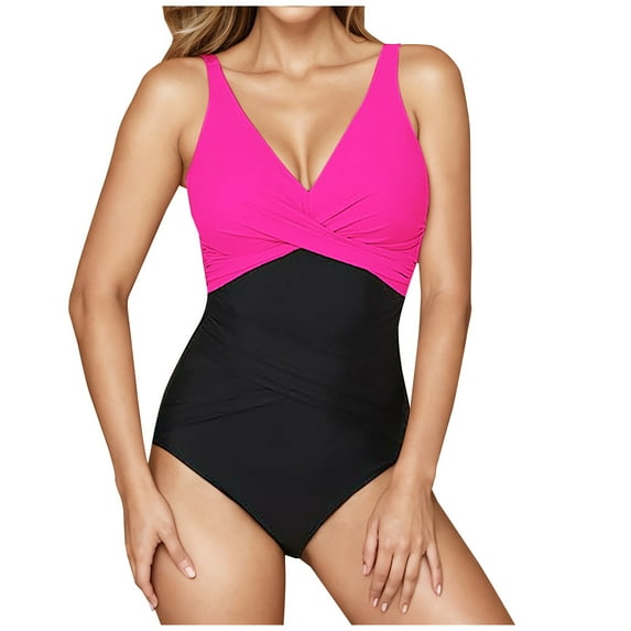 Fmbrln Womens One Piece Swimsuit Sexy V Neck Color Block Bathing Suit Adjustable Strap Modest Swimwear