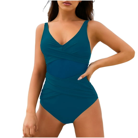 Fmbrln Womens One Piece Swimsuit Sexy V Neck Solid Color Bathing Suit Adjustable Strape Built in Bra Swimwear