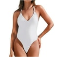 thumbnail image 1 of Fmbrln Womens One Piece Swimsuit Sexy V Neck Solid Color Bathing Suit Built in Bra Halter Back Tie High Cut Swimwear, 1 of 5