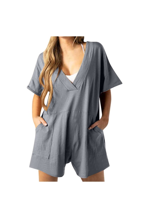 Womens Oversized Casual Rompers Summer Short Sleeve V Neck Wide Leg Short Jumpsuits with Pockets Gray 2XL