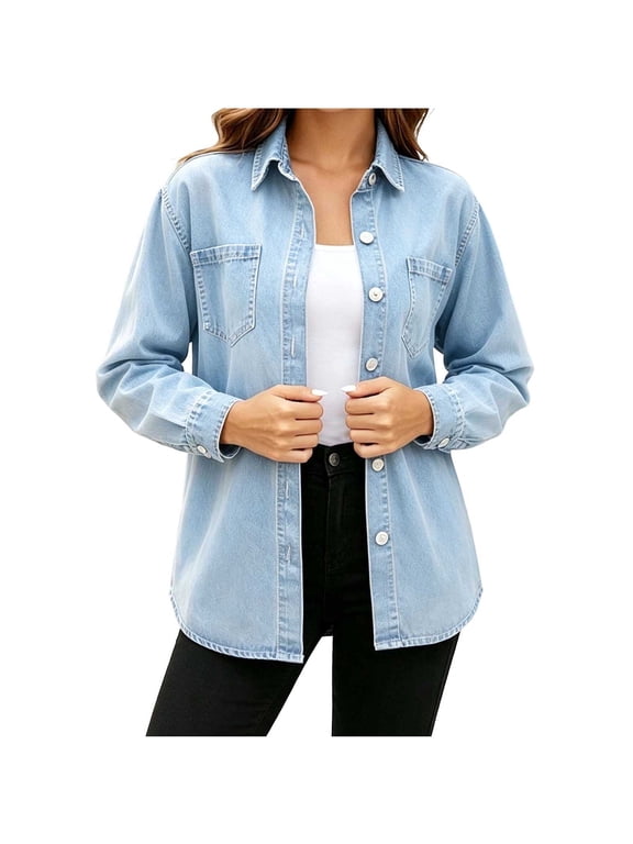 Womens Oversized Denim Shacket Long Sleeve Button Front Loose Fit Jean Shirt Jacket