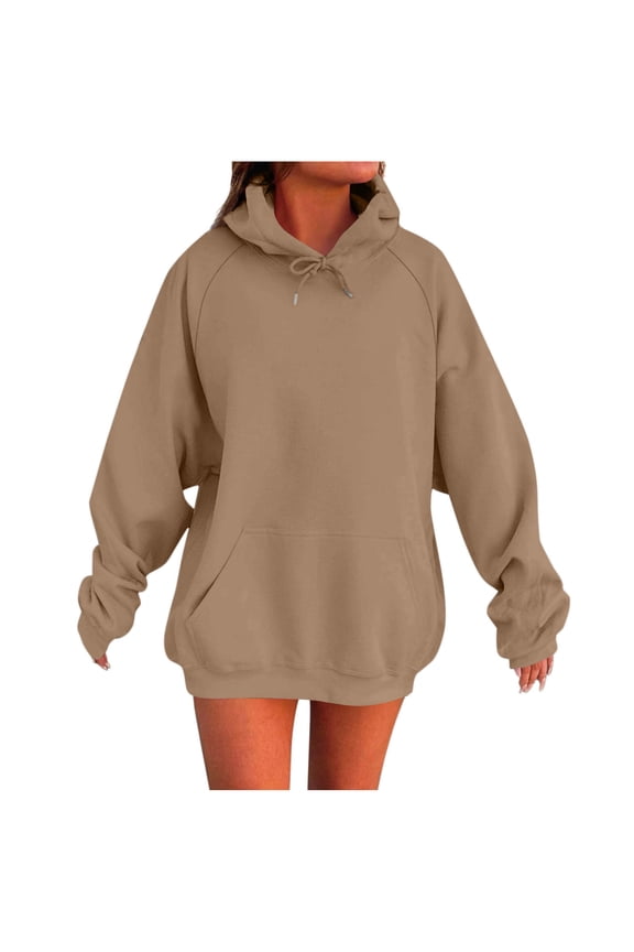 Womens Oversized Solid Hoodies Fall Winter Fashion Long Sleeve Hooded Sweatshirts Casual Comfy Pullover Tops with Pockets Brown M