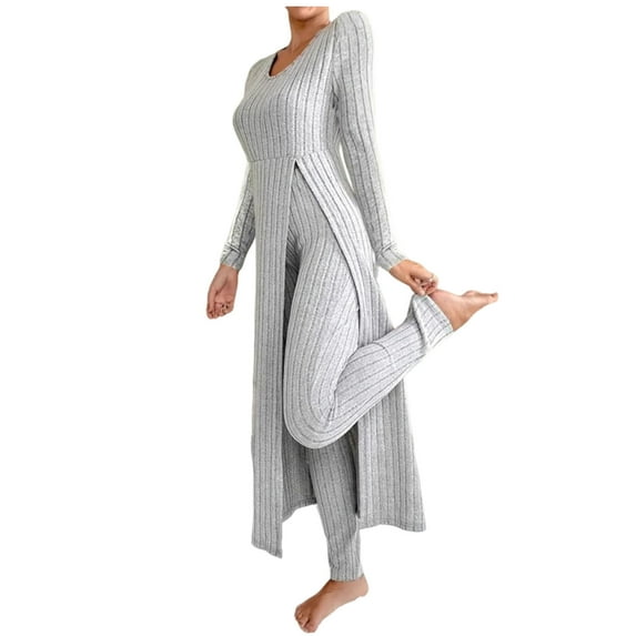 Fmbrln Womens Pajamas Sets Long Sleeve Crew Neck Side Slit Long Irregular Hem Knitted Shirts Tops and Pajamas Pants Sets Soft Comfy Sleepwear Sets
