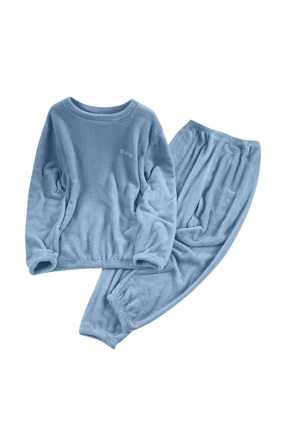 Womens Pajamas Sets Winter Thicken Fleece Warm 2 Piece Long Sleeve Crew Neck Pullover Tops and Elastic Waist Pants Soft Comfy Sleepwear Sets