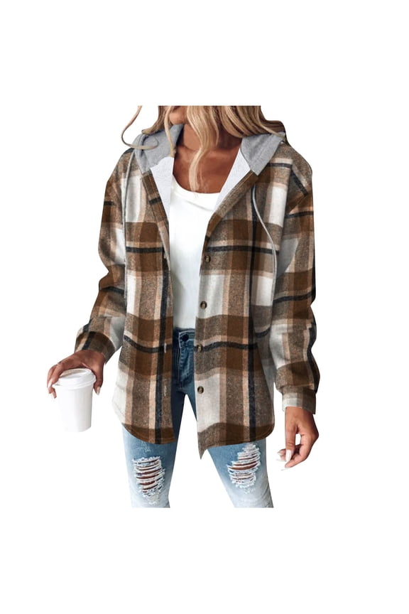 Womens Plaid Hooded Jackets Button Down Long Sleeve Fleece Checkered Coat Fall Winter Fashion Thickened Warm Outwear
