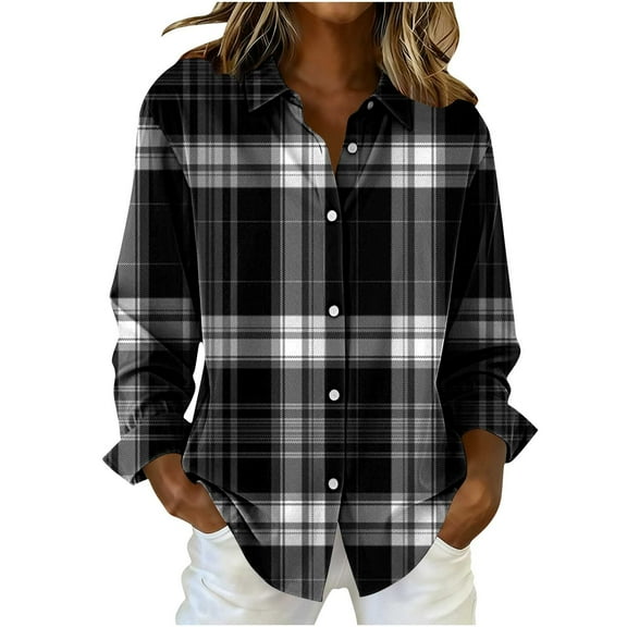 Fmbrln Womens Plaid Shirts Button Long Sleeve Turndown Collar Shirts Fashion Casual Lightweight Blouse Tops