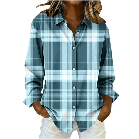 Fmbrln Womens Plaid Shirts Button Long Sleeve Turndown Collar Shirts Fashion Casual Lightweight Blouse Tops