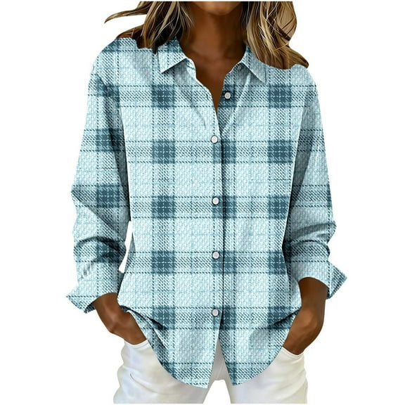 Fmbrln Womens Plaid Shirts Button Long Sleeve Turndown Collar Shirts Fashion Casual Lightweight Blouse Tops