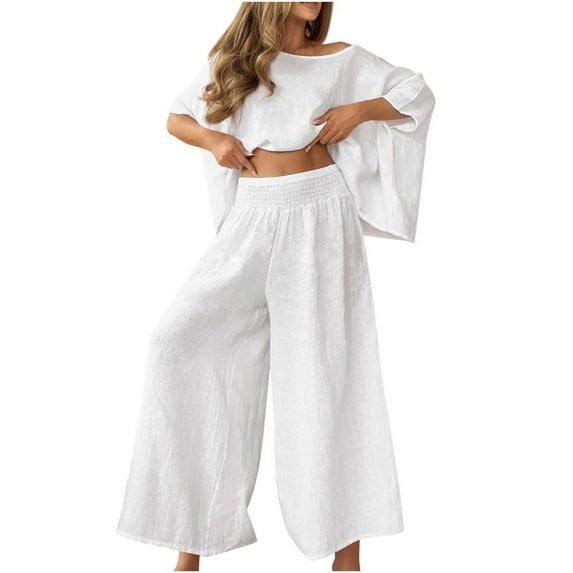 Fmbrln Womens Plus Size 2 Piece Sets Half Batwing Sleeve Crew Neck Pullover Tops and Elastic Waist Wide Leg Pants Lounge Sets for Women White XS