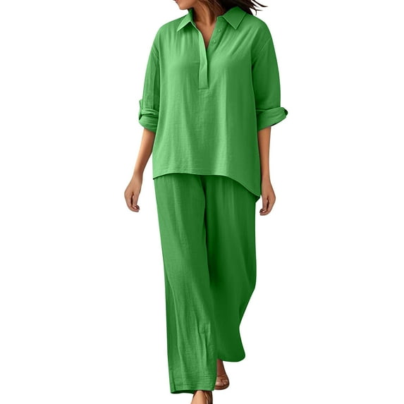 Fmbrln Womens Plus Size 2 Piece Sets Long Sleeve Turndown Collar Button Shirts and Wide Leg Pants Lounge Sets for Women Green S