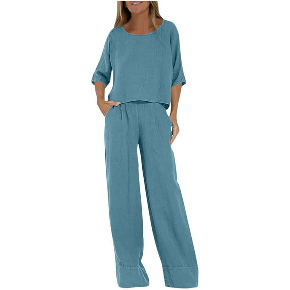 Fmbrln Womens Plus Size 2 Piece Sets Summer Casual Solid Color Crew Neck Short Sleeve Tops and Elastic Waist Pants with Pockets Sets Lounge Comfy Outfits Blue XL
