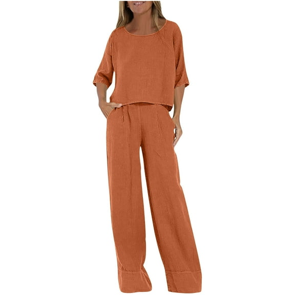 Fmbrln Womens Plus Size 2 Piece Sets Summer Casual Solid Color Crew Neck Short Sleeve Tops and Elastic Waist Pants with Pockets Sets Lounge Comfy Outfits Orange 4XL