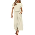 thumbnail image 1 of Fmbrln Womens Plus Size 2 Piece Sets Summer Casual Solid Color Crew Neck Short Sleeve Tops and Elastic Waist Wide Leg Pants with Pockets Sets Lounge Comfy Outfits Beige XL, 1 of 5