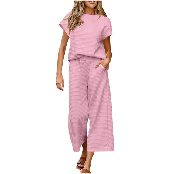 Fmbrln Womens Plus Size 2 Piece Sets Summer Casual Solid Color Crew Neck Short Sleeve Tops and Elastic Waist Wide Leg Pants with Pockets Sets Lounge Comfy Outfits Pink 3XL