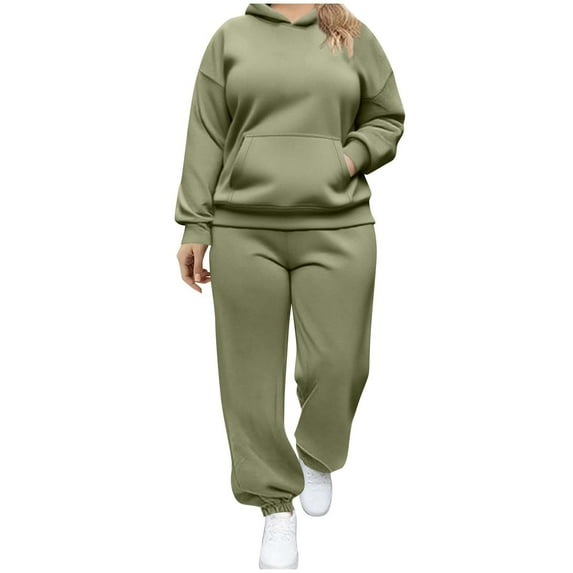 Fmbrln Womens Plus Size 2 Piece Sweatsuits Long Sleeve Hoodies with Pockets and Elastic Waist Joggers Sweatpants Fall Winter Fashion Athletic Outfits Sets Army Green 5XL