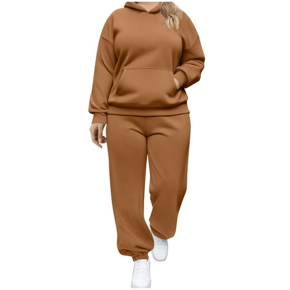Fmbrln Womens Plus Size 2 Piece Sweatsuits Long Sleeve Hoodies with Pockets and Elastic Waist Joggers Sweatpants Fall Winter Fashion Athletic Outfits Sets Brown 3XL