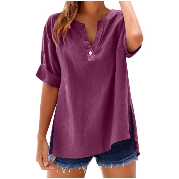 Fmbrln Womens Plus Size 3/4 Sleeve Shirts Fashion V Neck Button Side Slit Tops Casual Loose Solid Color Blouses