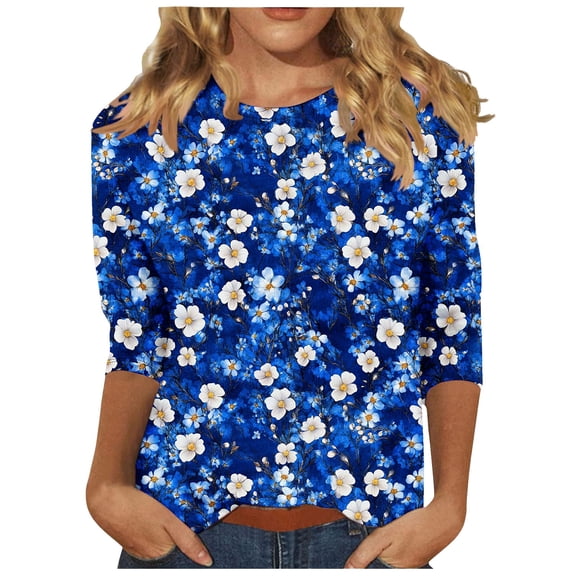 Fmbrln Womens Plus Size 3/4 Sleeve T-Shirts Fashion Crew Neck Basic Tops Casual Loose Floral Print Tees Blouse Multicolor 3XL