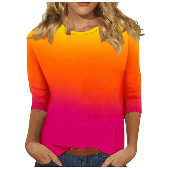 Fmbrln Womens Plus Size 3/4 Sleeve T-Shirts Fashion Crew Neck Basic Tops Casual Loose Gradient Print Tees Blouse Multicolor 4XL