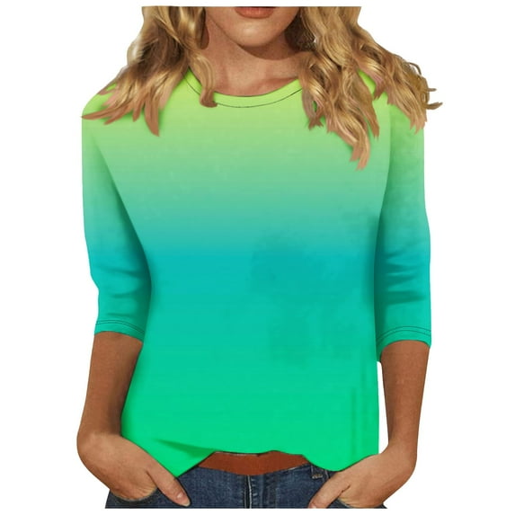 Fmbrln Womens Plus Size 3/4 Sleeve T-Shirts Fashion Crew Neck Basic Tops Casual Loose Gradient Print Tees Blouse Multicolor L
