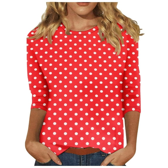 Fmbrln Womens Plus Size 3/4 Sleeve T-Shirts Fashion Crew Neck Basic Tops Casual Loose Polka Print Tees Blouse Multicolor 5XL