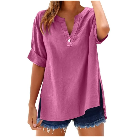 Fmbrln Womens Plus Size 3/4 Sleeve Tops Fashion V Neck Button Side Slit Blouse Casual Loose Solid Color T-Shirts Hot Pink 3XL