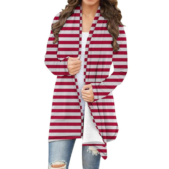 Fmbrln Womens Plus Size Cardigan Sweaters Fashion Casual Long Sleeve Open Front Cardigans Loose Comfy Stripe Print Cardigan Coat Red 2XL