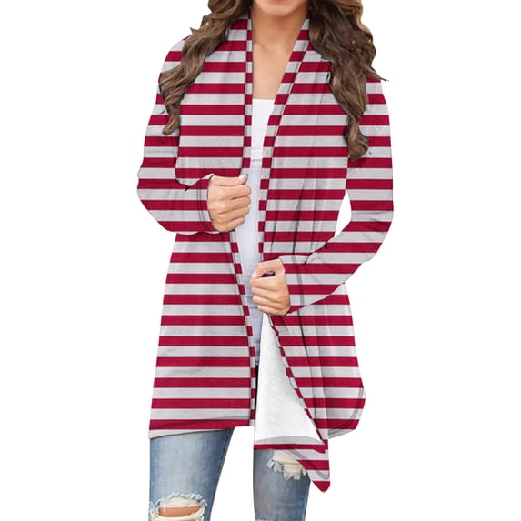 Fmbrln Womens Plus Size Cardigan Sweaters Fashion Casual Long Sleeve Open Front Cardigans Loose Comfy Stripe Print Cardigan Coat Red M