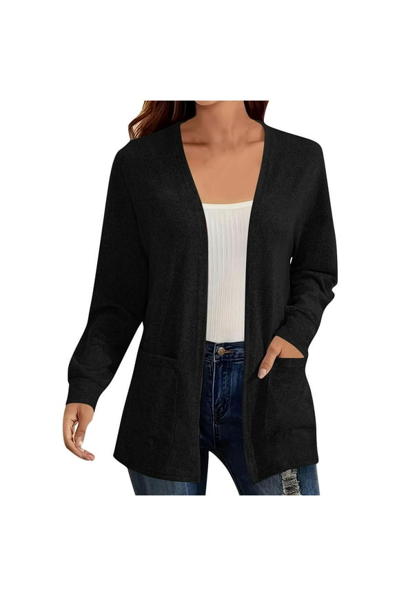 Womens Plus Size Cardigan Sweaters Long Sleeve Solid Color Open Front Cardigans Casual Comfy Cardigans Coat with Pockets Black M