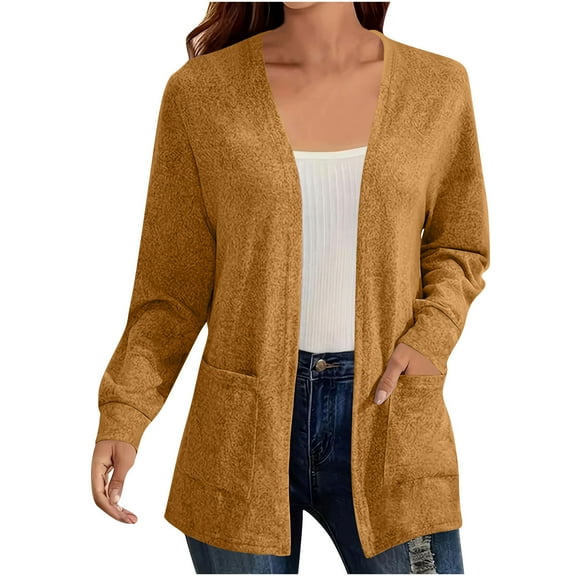 Fmbrln Womens Plus Size Cardigan Sweaters Long Sleeve Solid Color Open Front Cardigans Casual Comfy Cardigans Coat with Pockets Brown XL