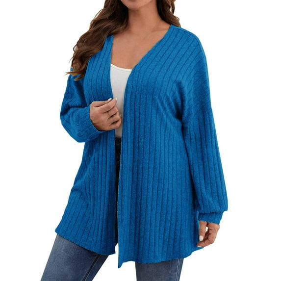Fmbrln Womens Plus Size Lightweight Cardigan Sweaters Long Sleeve Solid Color Open Front Cardigans Casual Comfy Knitted Cardigans Coat Blue 2XL