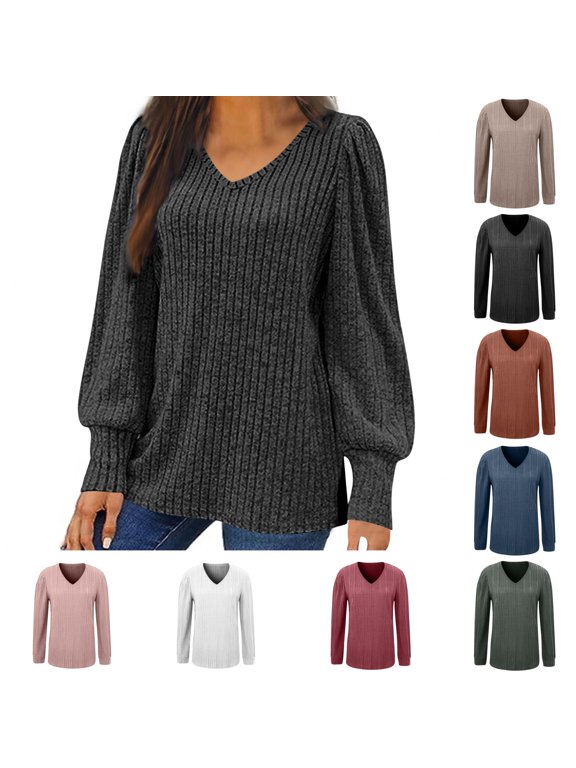 Womens Plus Size Lightweight Sweaters Fashion V Neck Long Sleeve Side Slit Hem Pullover Tops Casual Loose Solid Color Blouses