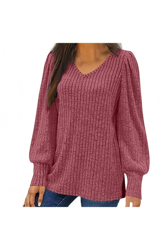 Womens Plus Size Lightweight Sweaters Fashion V Neck Long Sleeve Side Slit Hem Pullover Tops Casual Loose Solid Color Blouse Watermelon Red M