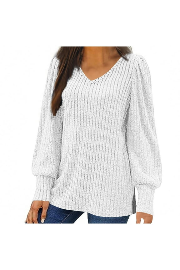 Womens Plus Size Lightweight Sweaters Fashion V Neck Long Sleeve Side Slit Hem Pullover Tops Casual Loose Solid Color Blouse White 2XL