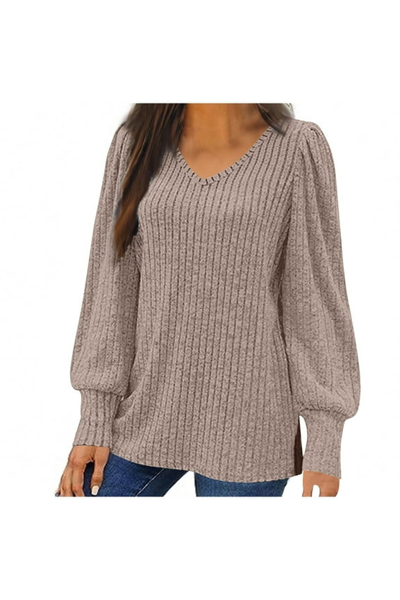 Womens Plus Size Lightweight Sweaters Fashion V Neck Long Sleeve Side Slit Hem Pullover Tops Casual Loose Solid Color Blouse
