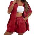 thumbnail image 1 of Fmbrln Womens Plus Size Linen 2 Piece Sets Summer Casual Turndown Collar Button Short Sleeve Shirts and Drawstring Elastic Waist Shorts with Pockets Sets Lounge Outfits Wine 4XL, 1 of 5