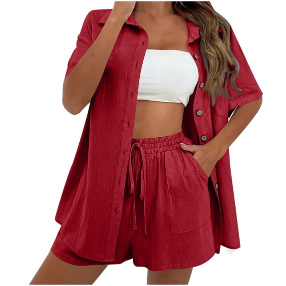 Fmbrln Womens Plus Size Linen 2 Piece Sets Summer Casual Turndown Collar Button Short Sleeve Shirts and Drawstring Elastic Waist Shorts with Pockets Sets Lounge Outfits Wine 4XL