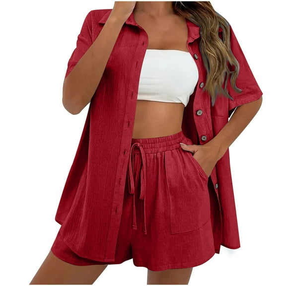 Fmbrln Womens Plus Size Linen 2 Piece Sets Summer Casual Turndown Collar Button Short Sleeve Shirts and Drawstring Elastic Waist Shorts with Pockets Sets Lounge Outfits Wine 3XL