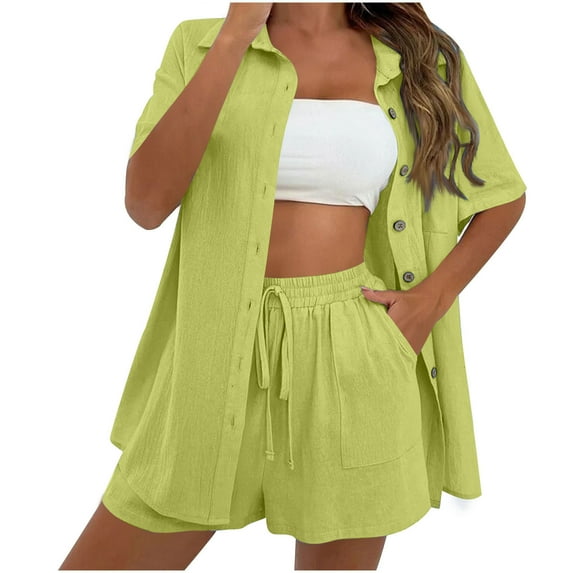 Fmbrln Womens Plus Size Linen 2 Piece Sets Summer Casual Turndown Collar Button Short Sleeve Shirts and Drawstring Elastic Waist Shorts with Pockets Sets Lounge Outfits Yellow M