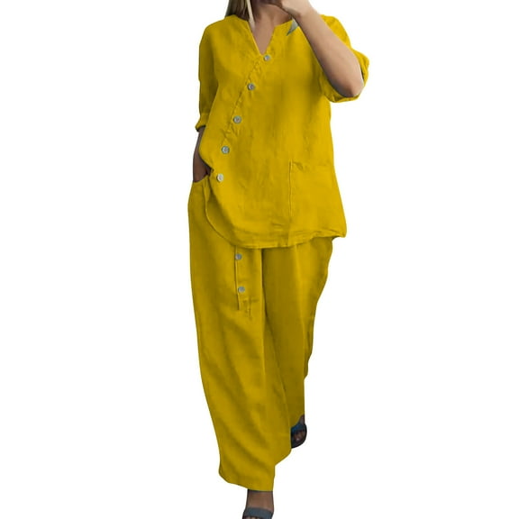 Fmbrln Womens Plus Size Linen 2 Piece Sets Summer Casual V Neck Button 3/4 Sleeve Tops and Wide Leg Pants Sets Lounge Sets Yellow XL