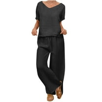 Fmbrln Womens Plus Size Linen 2 Piece Sets Summer Casual V Neck Short Sleeve Tops and Drawstring Elastic Waist Wide Leg Pants Sets Lounge Outfits Black XL