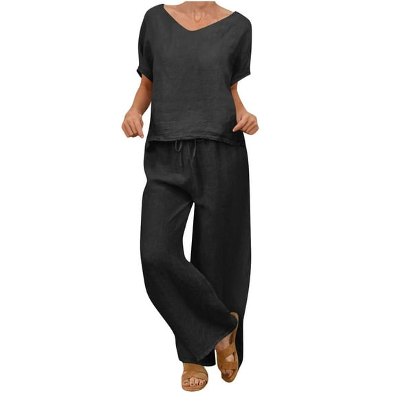 Fmbrln Womens Plus Size Linen 2 Piece Sets Summer Casual V Neck Short Sleeve Tops and Drawstring Elastic Waist Wide Leg Pants Sets Lounge Outfits Black XL