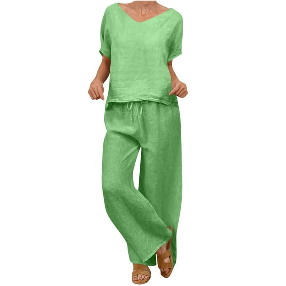 Fmbrln Womens Plus Size Linen 2 Piece Sets Summer Casual V Neck Short Sleeve Tops and Drawstring Elastic Waist Wide Leg Pants Sets Lounge Outfits Green XL