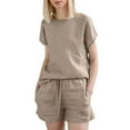 thumbnail image 1 of Fmbrln Womens Plus Size Linen 2 Piece Sets Summer Fashion Casual Crew Neck Short Sleeve Tops and Drawstring Shorts with Pockets Sets Lounge Outfits Coffee M, 1 of 5