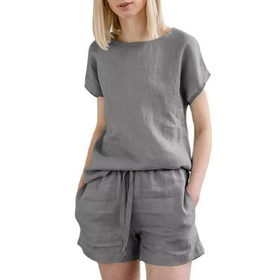 Fmbrln Womens Plus Size Linen 2 Piece Sets Summer Fashion Casual Crew Neck Short Sleeve Tops and Drawstring Shorts with Pockets Sets Lounge Outfits Gray L